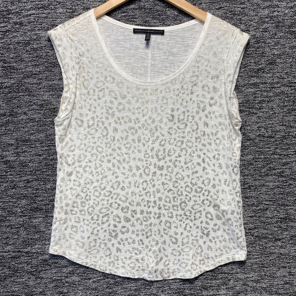 WHBM Leopard Slub Knit Top Womens Medium White Gold Metallic Glam Evening Casual